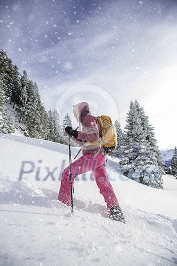 Pretty, young woman snowshoeing in high mountains, enjoying splendid winter weather with abundance of snow Pretty, young woman snowshoeing in high mountains, enjoying splendid winter weather with abundance of snow