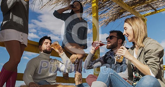 Happy Group Of Friends Hanging Out At Beach House having fun and drinking beer on autumn day Happy Group Of Friends Hanging Out At Beach House having fun and drinking beer on autumn day