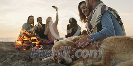 Group of friends with dog relaxing around bonfire on the beach at sunset Group of friends with dog relaxing around bonfire on the beach at sunset