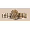 Cryptocurrency physical gold bitcoin coin and Stacks of bitcoins standing against a beige background. Cryptocurrency and blockchain trading concept. Can be used for video or site cover