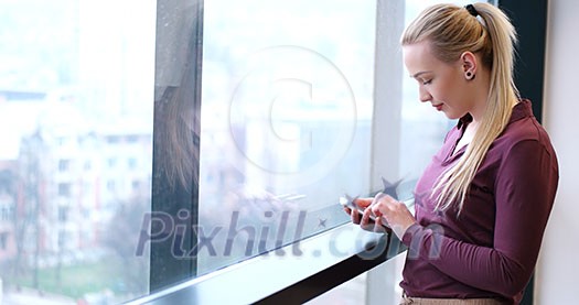 female manager using cell telephone in office interior female manager using cell telephone in office interior