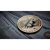 Golden bitcoin coins on a paper dollars money. Virtual Crypto currency. New virtual money Dollars money. Concept of shadow economy
