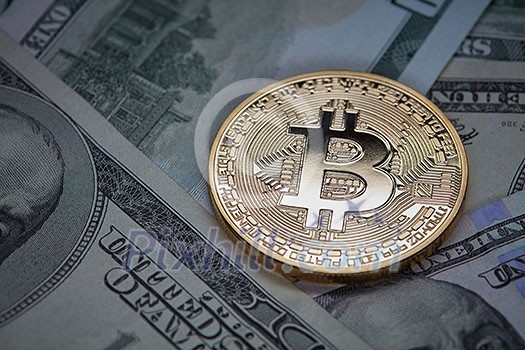 Dollar bills and gold coin bitcoin. Cryptocurrency business concept. Conceptual image for worldwide cryptocurrency and digital payment system. Dollar bills and gold coin bitcoin. Cryptocurrency business concept. Conceptual image for worldwide cryptocurrency and digital payment system.