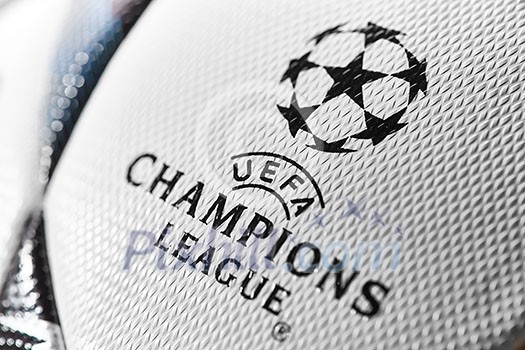Kiev, Ukraine - February 22, 2018: Official UEFA Champions League 2018 season ball (Adidas Final Kiev) during UEFA Champions League game at NSC Olimpiyskyi stadium on May 26, 2018 in Kiev, Ukraine, close-up Kiev, Ukraine - February 22, 2018: Official UEFA Champions League 2018 season ball (Adidas Final Kiev) during UEFA Champions League game at NSC Olimpiyskyi stadium on May 26, 2018 in Kiev, Ukraine, close-up