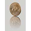 Gold Bitcoin. Reflection of a coin on a gray glossy background. Cryptocurrency