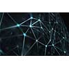 Blue virtual abstract Blockchain technology network background with lines and grids . Abstract technology network mesh and destroy sphere cyber geometry orb and polygonal lines and dots,
