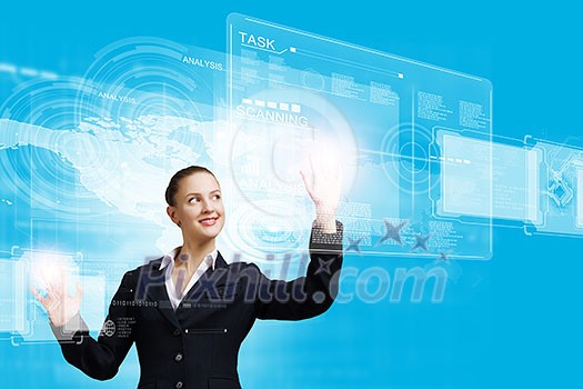 Attractive businesswoman touching icon of media screen Attractive businesswoman touching icon of media screen
