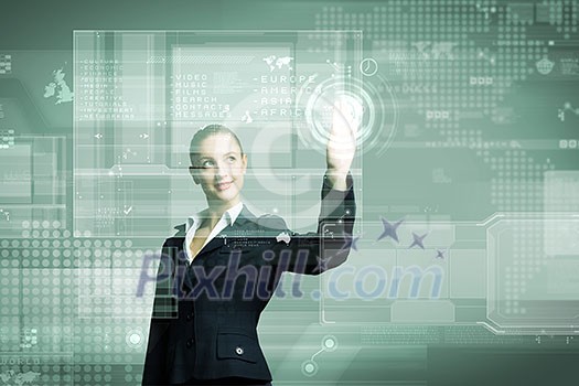 Attractive businesswoman touching icon of media screen Attractive businesswoman touching icon of media screen