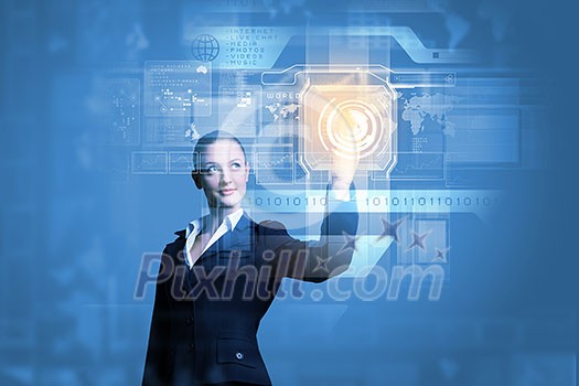Attractive businesswoman touching icon of media screen Attractive businesswoman touching icon of media screen