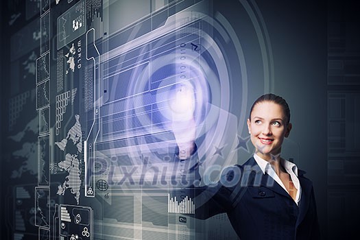 Attractive businesswoman touching icon of media screen Attractive businesswoman touching icon of media screen