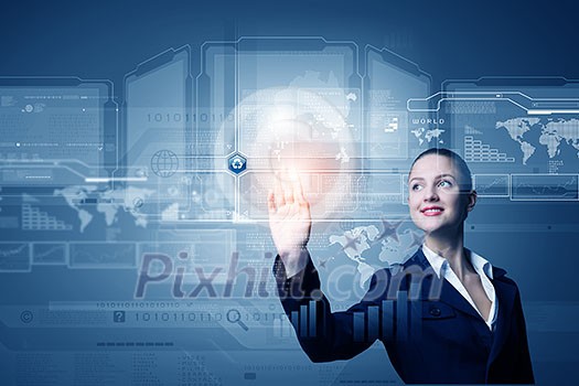 Attractive businesswoman touching icon of media screen Attractive businesswoman touching icon of media screen