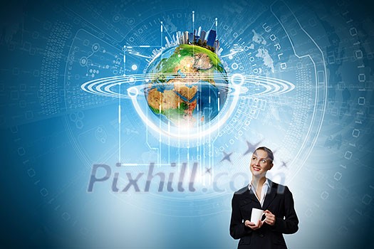 Attractive businesswoman looking at Earth planet. Elements of this image are furnished by NASA