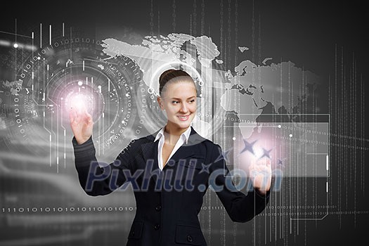 Attractive businesswoman touching icon of media screen Attractive businesswoman touching icon of media screen