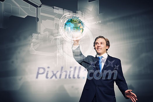 Businessman in suit touching icon of media screen. Elements of this image are furnished by NASA Businessman in suit touching icon of media screen. Elements of this image are furnished by NASA