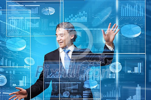 Businessman in suit touching icon of media screen Businessman in suit touching icon of media screen
