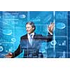 Businessman in suit touching icon of media screen