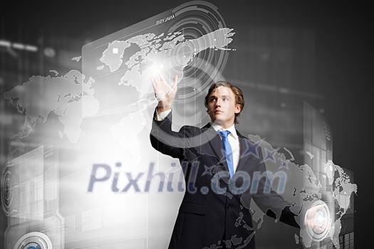 Businessman in suit touching icon of media screen Businessman in suit touching icon of media screen