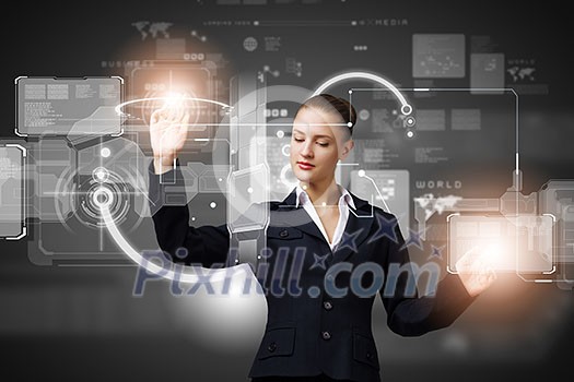 Attractive businesswoman touching icon of media screen Attractive businesswoman touching icon of media screen
