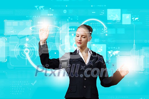 Attractive businesswoman touching icon of media screen Attractive businesswoman touching icon of media screen