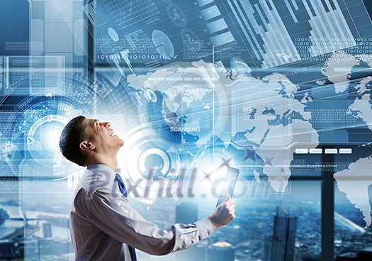 Young businessman with tablet in hands against digital background Young businessman with tablet in hands against digital background
