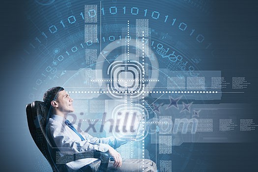 Young businessman with tablet in hands against digital background Young businessman with tablet in hands against digital background