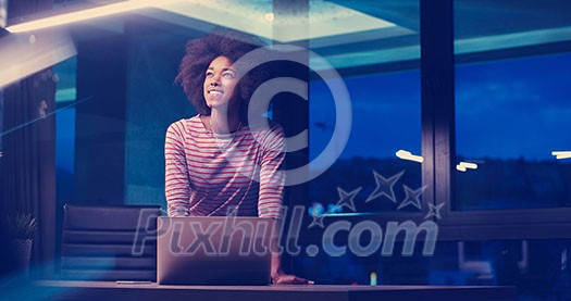 Young african american female Entrepreneur Freelancer Working Using A Laptop In night Coworking space Young african american female Entrepreneur Freelancer Working Using A Laptop In night Coworking space