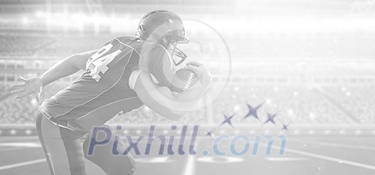 American football Player running with the ball isolated on big modern stadium field with lights and flares American football Player running with the ball isolated on big modern stadium field with lights and flares