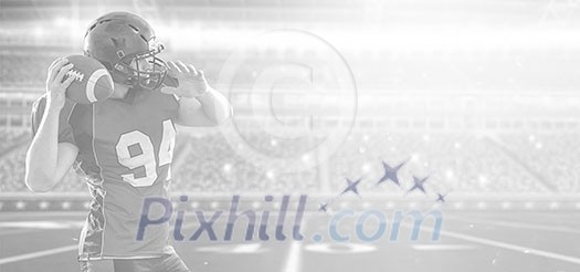 one quarterback american football player throwing ball on big modern stadium with lights and flares one quarterback american football player throwing ball on big modern stadium with lights and flares