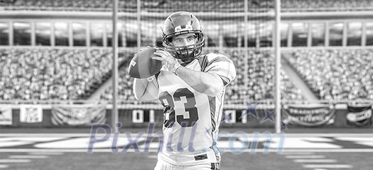 one quarterback american football player throwing ball isolated on big modern stadium field with lights and flares one quarterback american football player throwing ball isolated on big modern stadium field with lights and flares