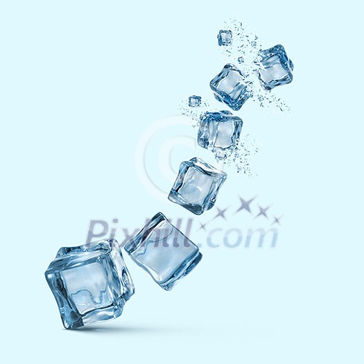 Set of six transparent ice cubes different sizes with water splash isolated on blue background Set of six transparent ice cubes different sizes with water splash isolated on blue background