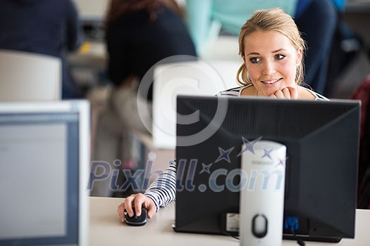 Pretty, female student looking at a desktop computer screen, learning unpleasant news about her exam results. University/office/school concept Pretty, female student looking at a desktop computer screen, learning unpleasant news about her exam results. University/office/school concept