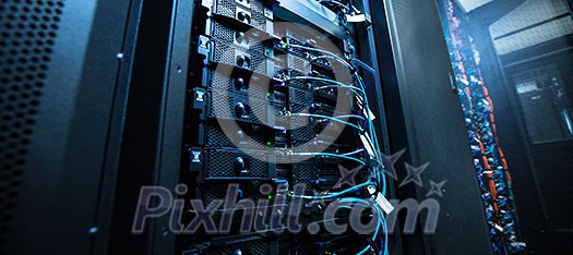 Network server room with servers/high performance computers running processes Network server room with servers/high performance computers running processes