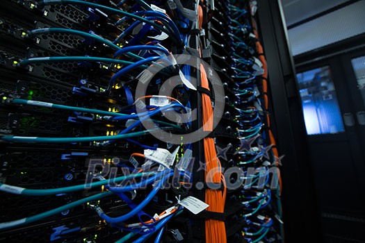 Network server room with servers/high performance computers running processes Network server room with servers/high performance computers running processes