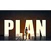 Back view of businesswoman standing in light word plan