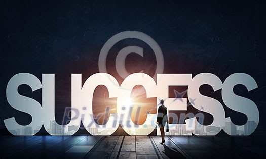 Back view of businesswoman standing in light word success Back view of businesswoman standing in light word success