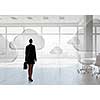 Elegant businesswoman in modern office interior against window panoramic view