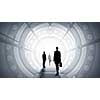 Businesswoman standing in virtual designed tunnel room