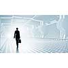 Businesswoman standing in virtual designed tunnel room
