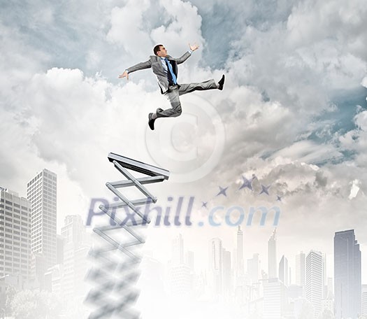 Businessman jumping on springboard as progress concept Businessman jumping on springboard as progress concept