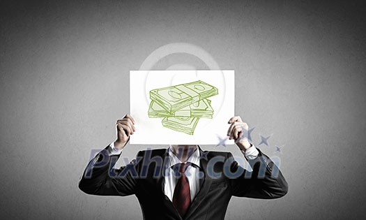 Unrecognizable businessman holding paper covering his face presenting money concept Unrecognizable businessman holding paper covering his face presenting money concept