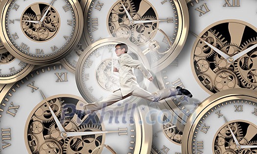 Concept of time with funny businessman running in a hurry Concept of time with funny businessman running in a hurry
