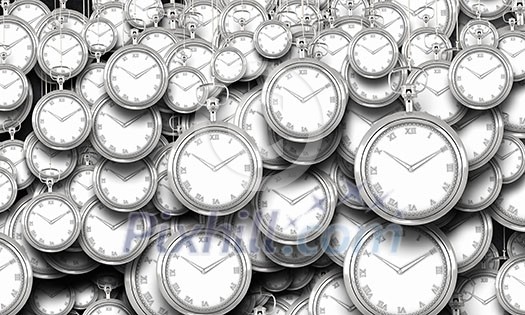 Many pocket watch hanging from above on concrete wall Many pocket watch hanging from above on concrete wall