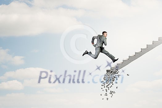 Young businessman walking up collapsing staircase representing success concept Young businessman walking up collapsing staircase representing success concept