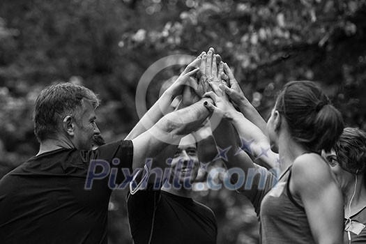 Group of healthy runners giving high five to each other while celebrating success after a training session. Group of healthy runners giving high five to each other while celebrating success after a training session.