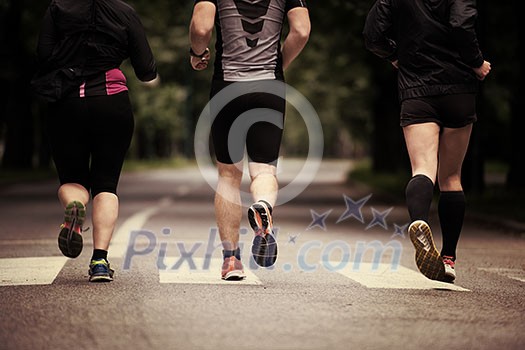 group of healthy people jogging in city park, runners team on morning training