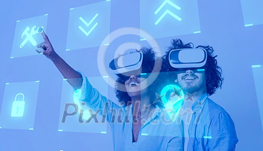 Happy multiethnic couple getting experience using VR headset glasses of virtual reality, isolated on white background