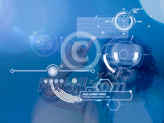 Happy man getting experience using VR headset glasses of virtual reality, isolated on blue background Happy man getting experience using VR headset glasses of virtual reality, isolated on blue background