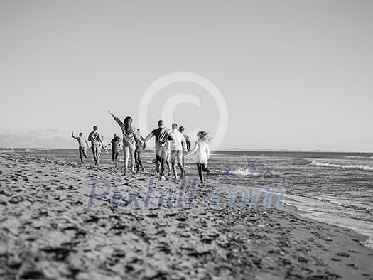 group of young friends spending day together running on the beach during autumn day group of young friends spending day together running on the beach during autumn day