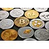 LTC, ETH, BTC, XMR, XRP gold and silver coins, crypto currency. Pattern of coins on a dark background. Business concept. Top view