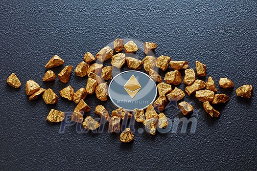 Coin ethereum and gold nuggets as world trends both isolated on black background Digital virtual currency electronic money mining blockchain exchange innovation business Coin ethereum and gold nuggets as world trends both isolated on black background Digital virtual currency electronic money mining blockchain exchange innovation business